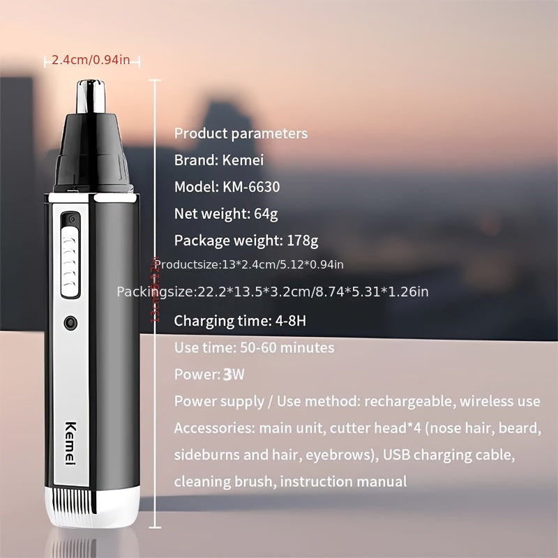 KM-6630 Four-In-One Professional Rechargeable Nose And Ear Hair Trimmer for Men'S Personal Grooming.