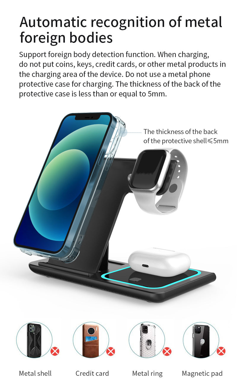 TIMESS-Wireless Charging Station 3-in-1 Standard 15W Fast Mag-Safe Charger Stand with QC3.0 Adapter, Suitable for iPhone 15 14 13 12 11 X 8 Pro Max/Pro/Mini/Plus, for iWatch Ultra 9/8 7/6/5/4/3/2, for Airpods 3/2